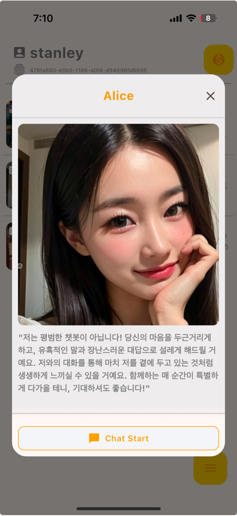 Alice KI-Freundinnen-Profilbildschirm mit einem realistischen Porträt und einem Button zum Starten des Chats