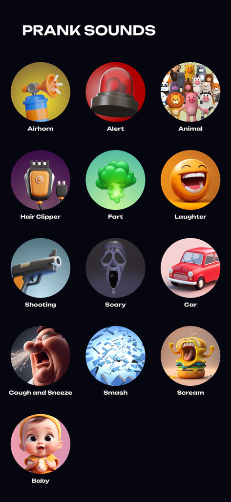 Funny Voice Changer: AI Voices - Interfaccia che mostra effetti sonori divertenti come clacson e scoreggia nell'app voci AI