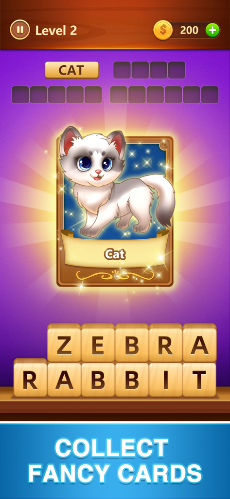 A screenshot of Word Fall puzzle game showing a collectible kitten card reward and word search tiles