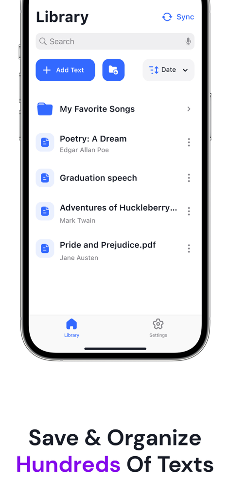 MemoCoach app library interface displaying a list of saved texts and folders for easy organization
