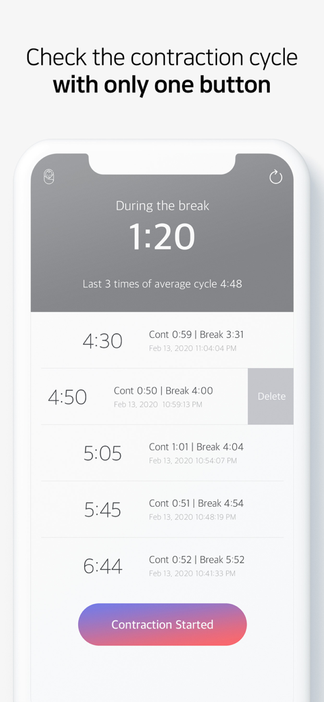 Have a safe delivery - Interfaz de la aplicación Que tengas un parto seguro que muestra un contador de contracciones de parto y una lista de ciclos registrados.