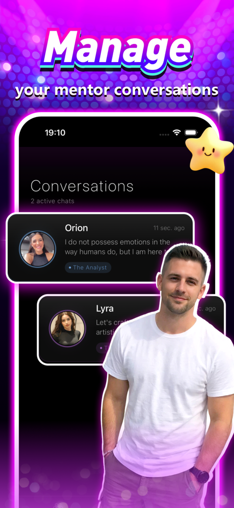 Vexen - Chat&Social - Vexen app interface displaying active conversations with AI mentors Orion and Lyra.