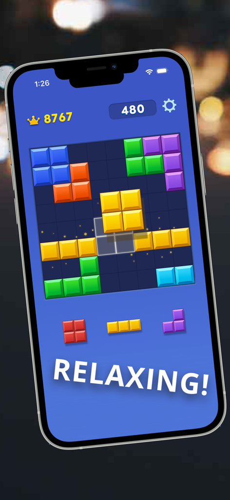 Block Blast: Puzzle Game - Block Blast Puzzle Game mostrando bloques coloridos en una cuadrícula de 8x8 con una interfaz de juego relajante