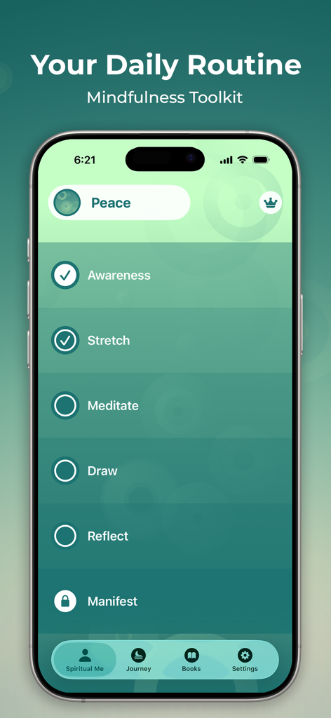Spiritual Me: Meditation App - A screenshot of the Spiritual Me app showing the Daily Routine interface with mindfulness activities like meditation and stretching