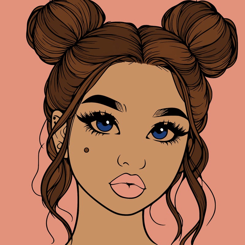 realistic girl with two buns on her hair and lips