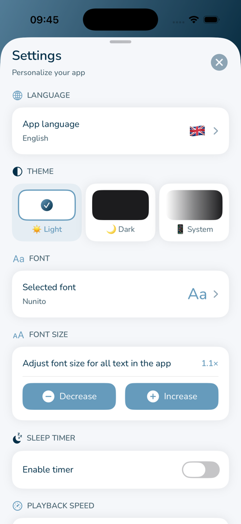 Voxi Book Player - Settings screen for Voxi Book Player app displaying language theme and font size options