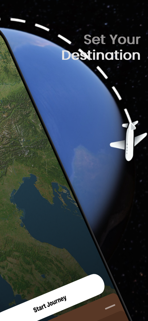 Fly Focus - 집중 세션을 위해 비행 목적지를 설정하기 위해 지구의 위성 지도와 비행기 아이콘을 보여주는 Fly Focus 앱 인터페이스