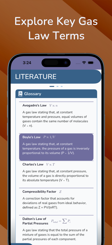 Gas Laws by CA - Pantalla del glosario en la aplicación Leyes de los Gases de CA que muestra definiciones científicas de varias leyes de los gases