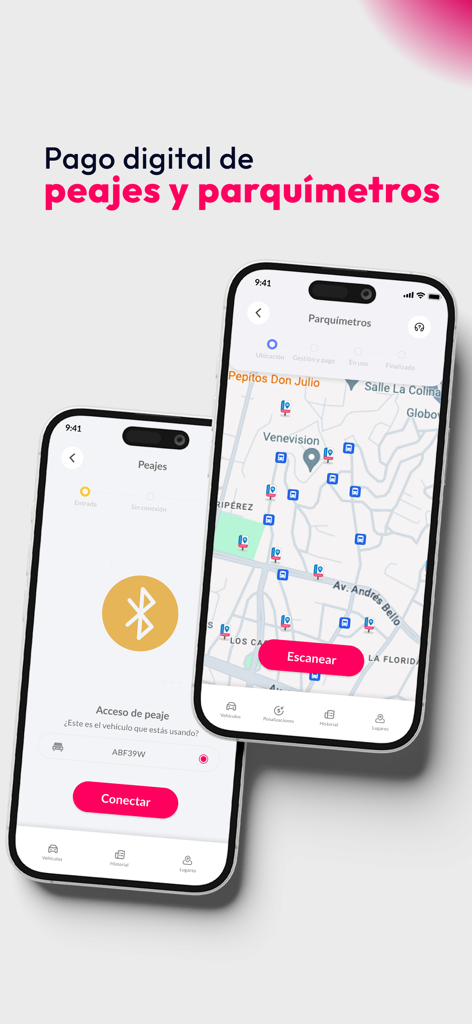 PagoDirecto - Dos iPhones mostrando las interfaces de la aplicación PagoDirecto para la conexión de peajes digitales y la búsqueda de mapas de parquímetros