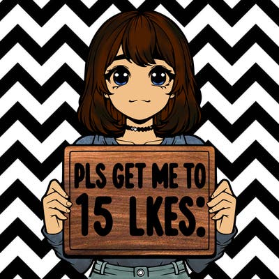 realistic girl holding up a sign that says “pls get me to 15 likes!”