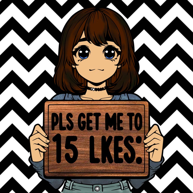 realistic girl holding up a sign that says “pls get me to 15 likes!”