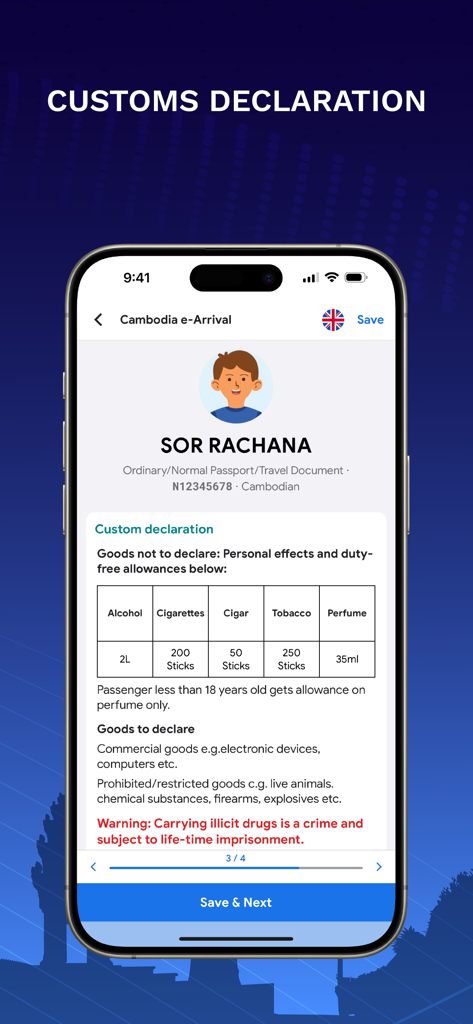 Cambodia e-Arrival - Der Zollanmeldebildschirm der Kambodscha e-Arrival App, der Informationen über zollfreie Freibeträge für Passagiere und zu deklarierende Waren anzeigt.