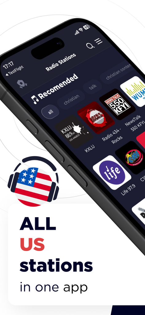 Radio USA Live Online FM & AM - Interfaccia dell'app Radio USA che mostra le stazioni radio USA consigliate e un'icona a forma di cuffie con la bandiera americana