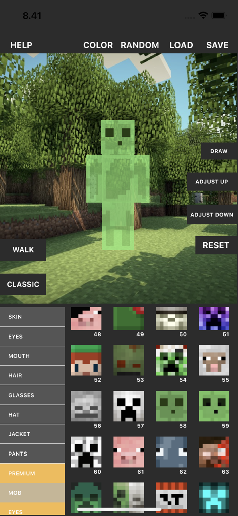 Custom Skin Creator - Interfaz de la aplicación Creador de Skins Personalizadas de Minecraft con una skin de slime 3D y una cuadrícula de selección de skins de mobs.
