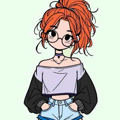 girl with a messy ponytail glasses a baggy crop top and jean shorts