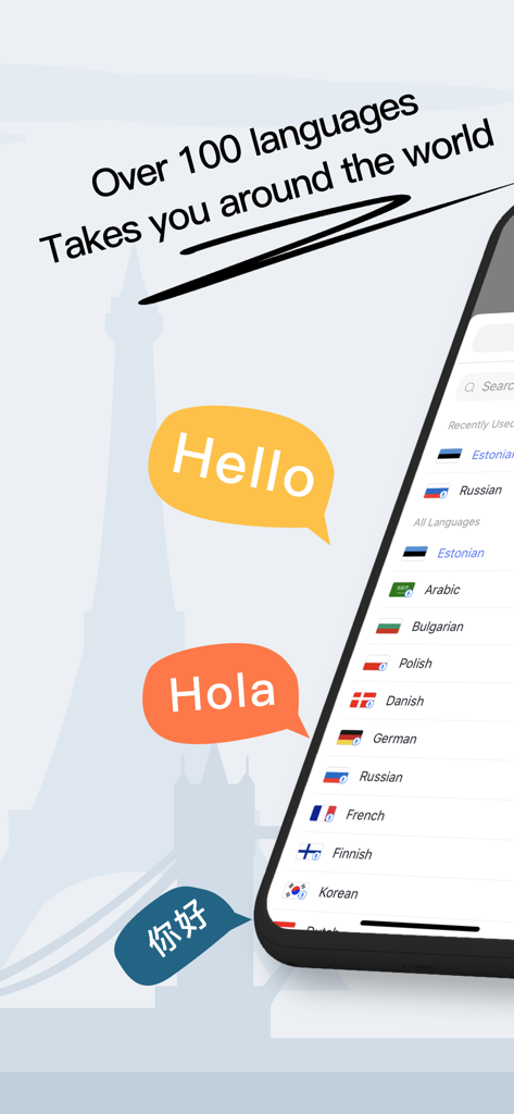 Interface do aplicativo Insta Translate mostrando uma lista de mais de 100 idiomas globais suportados e balões de fala em inglês, espanhol e chinês.
