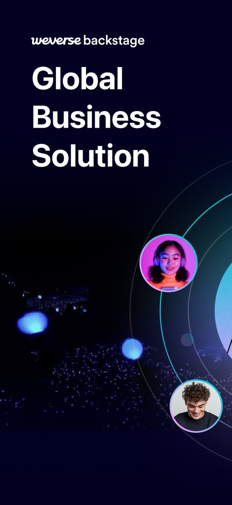 Weverse Backstage app home screen with text Global Business Solution and artist profiles over a concert crowd background