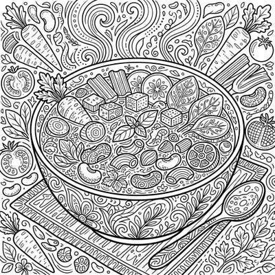 Unwind with this exquisitely detailed adult coloring page featuring a hearty bowl of minestrone soup. Explore the intricate textures of vegetables, pasta, and herbs in a truly mindful coloring experience.