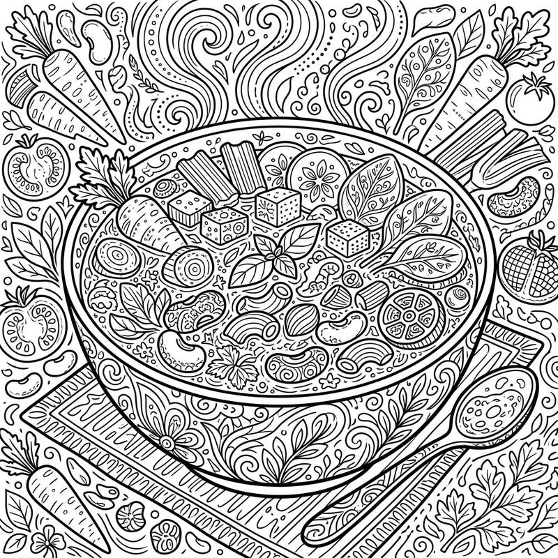Unwind with this exquisitely detailed adult coloring page featuring a hearty bowl of minestrone soup. Explore the intricate textures of vegetables, pasta, and herbs in a truly mindful coloring experience.
