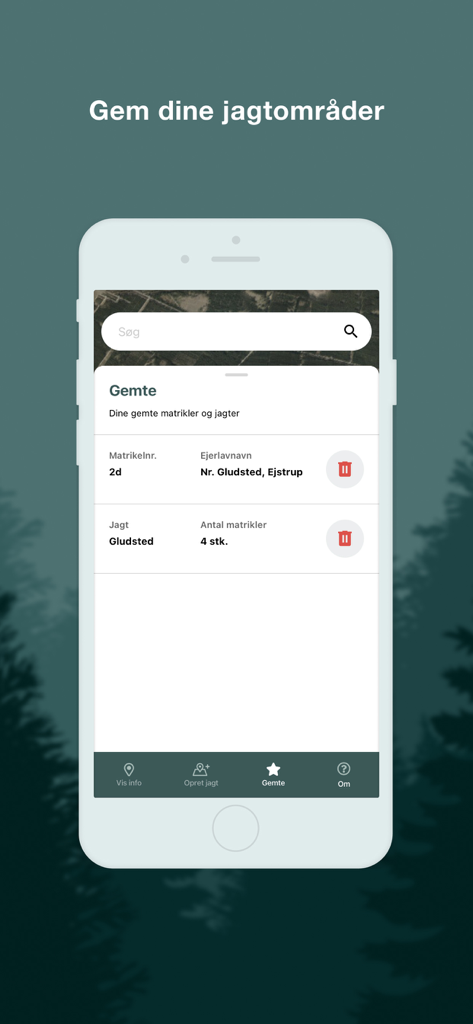 Un téléphone mobile affichant une liste de zones de chasse et de parcelles enregistrées dans l'application Min Jagt