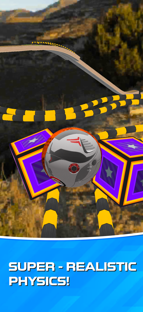 A futuristic metallic ball rolling on a yellow and black striped track between two purple star blocks