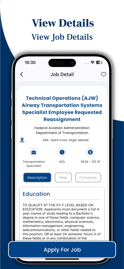 USA Gov Job & Nearby Vacancy - Pantalla de detalles de empleo para un puesto en la Administración Federal de Aviación en la aplicación Empleo del Gobierno de EE. UU. que muestra el salario y los requisitos educativos.