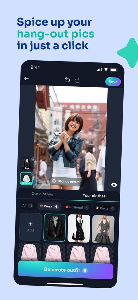 FitRoom: Virtual Tryon Clothes - Interface of FitRoom app showing a woman using AI to virtually change her outfit in a photo.
