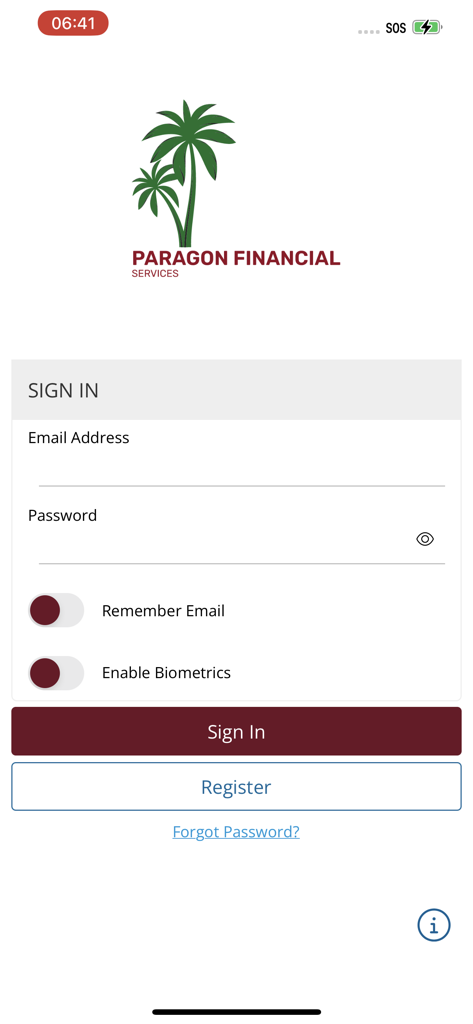 Página de login do aplicativo móvel Paragon Financial Services