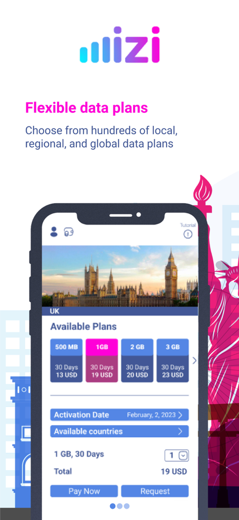 iZi connect - Interface do aplicativo iZi connect mostrando planos de dados eSIM flexíveis para viagens ao Reino Unido
