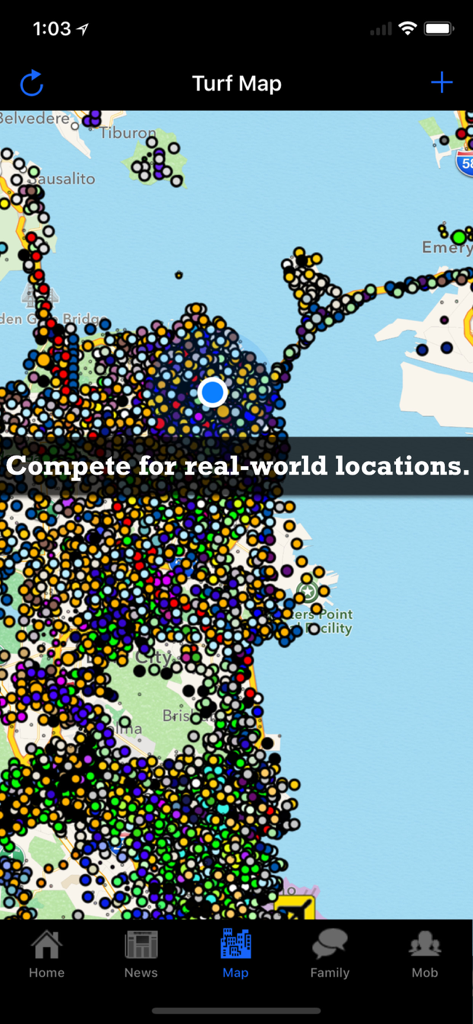 Turf Wars - A map interface in the Turf Wars app showing real-world locations claimed as territories by different players.