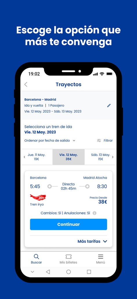 Mobile app screen showing train ticket options between Barcelona and Madrid with prices and schedules