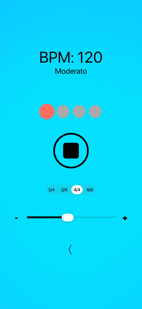 Pantalla de metrónomo en la aplicación Afinador de Viola Básico que muestra 120 BPM Moderato en compás de 4/4 sobre un fondo azul.