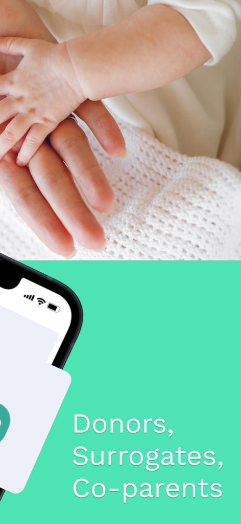 Just a Baby: Become a parent - Just a Baby app interface featuring donors surrogates and co-parents with an image of an adult holding a baby hand