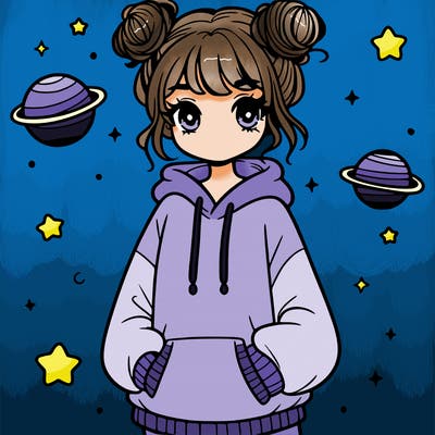 girl with space buns and an oversized hoodie