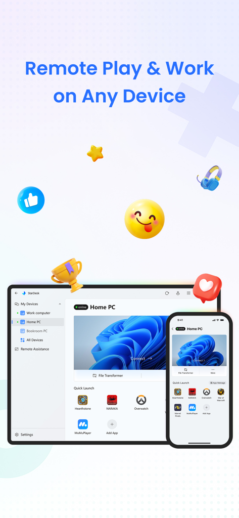 Interfaccia dell'app StarDesk che mostra l'accesso remoto al PC per gaming e lavoro su smartphone e tablet.