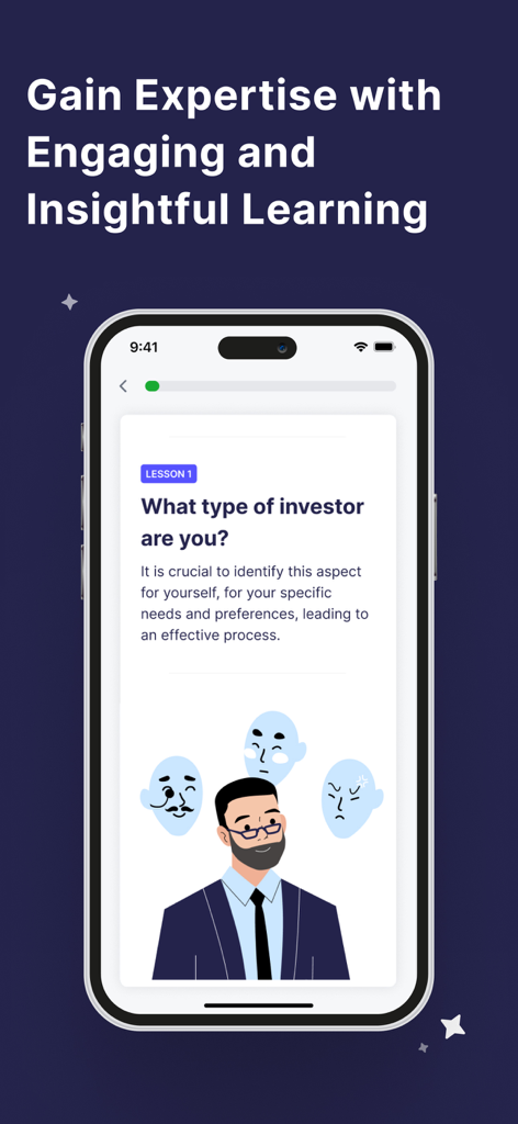 Prosperi Academy - Interfaz de la aplicación Prosperi Academy que muestra una lección titulada ¿Qué tipo de inversor eres? con caras de personajes ilustrados.