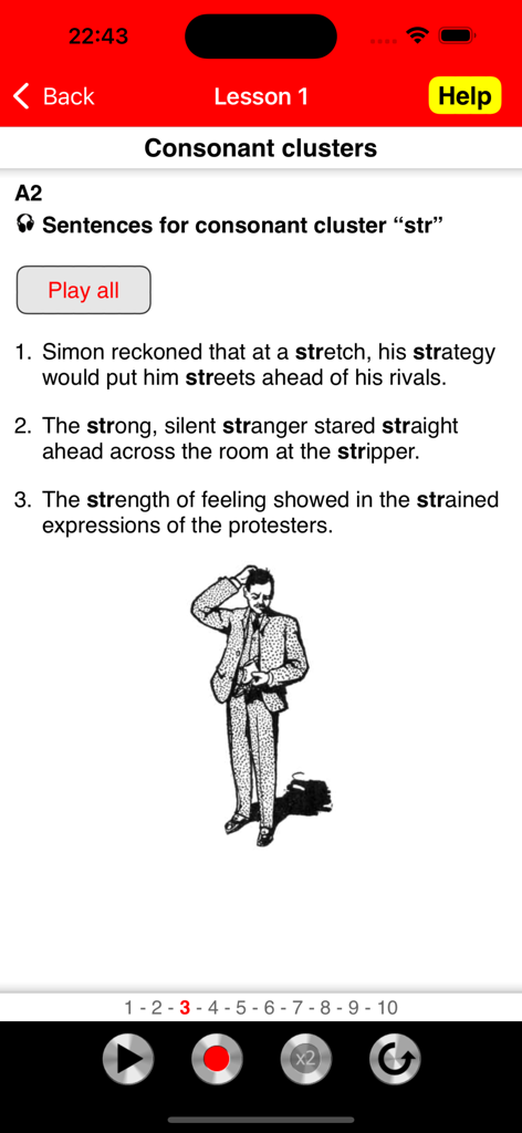 Fluent English Speech - English pronunciation lesson interface focusing on str consonant clusters with example sentences and audio recording controls