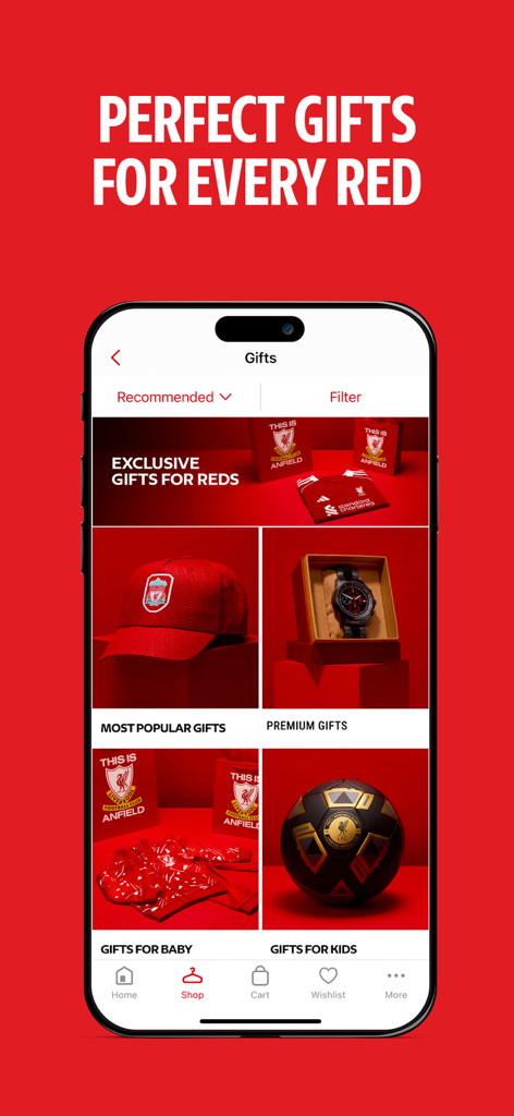 Interface de l'application de la boutique du Liverpool FC affichant diverses catégories de cadeaux pour les fans.