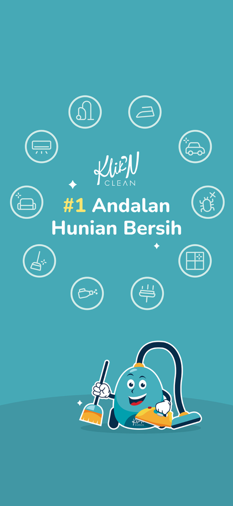 KliknClean - KliknClean App-Bildschirm mit einem freundlichen Staubsauger-Maskottchen und Symbolen, die verschiedene Reinigungsdienste wie Bügeln und Autowaschen darstellen