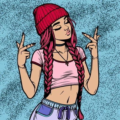 realistic teenage girl with braids and a beanie and crop top doing 🫶🏼