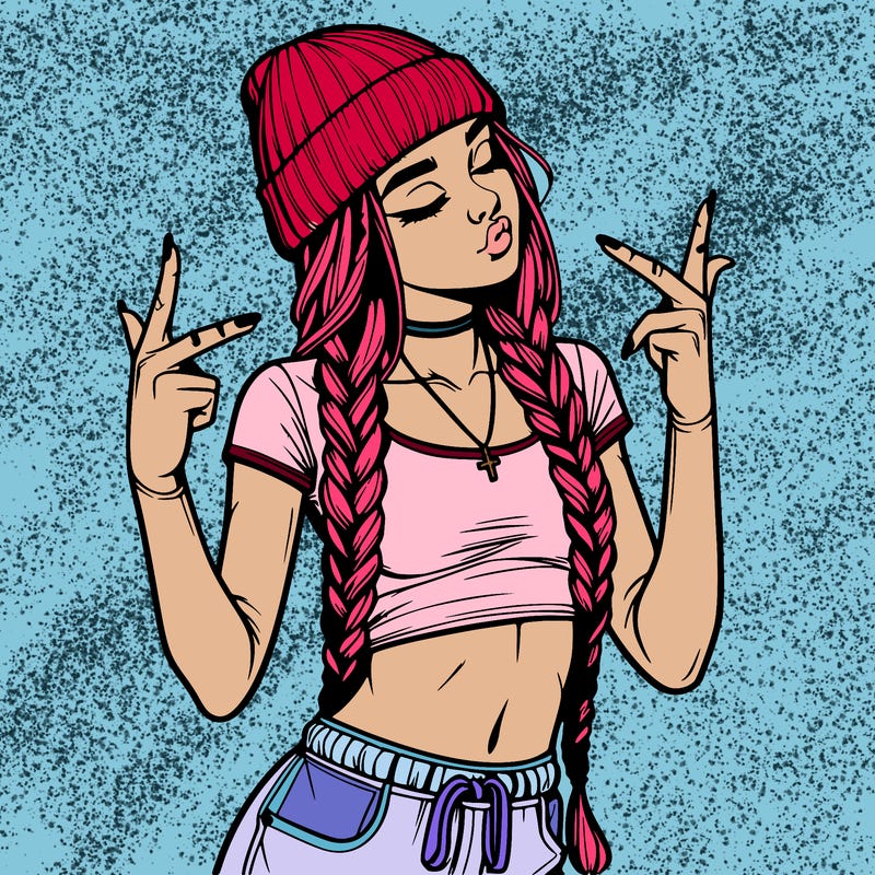 realistic teenage girl with braids and a beanie and crop top doing 🫶🏼