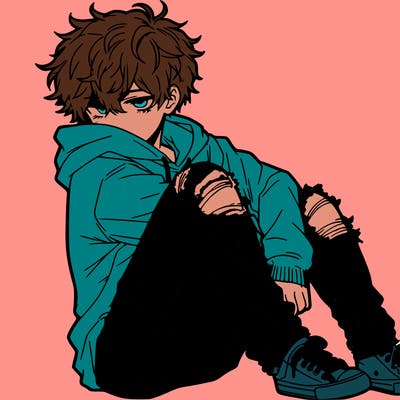 a male hoddie ripped jeans messy hair anime