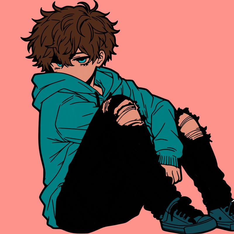 a male hoddie ripped jeans messy hair anime