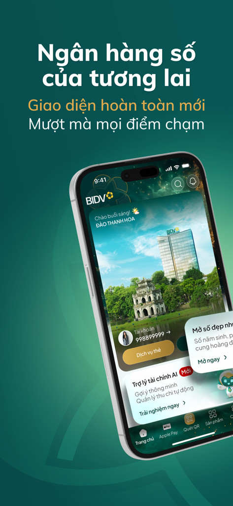BIDV SmartBanking mobile app interface showing a digital banking dashboard with AI assistant and Apple Pay support