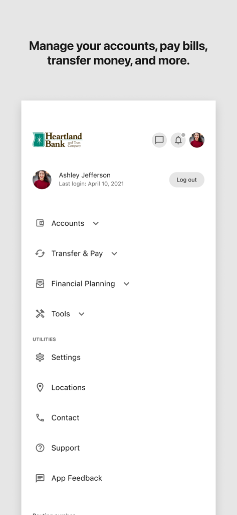 Heartland Bank Mobile Banking - Main menu screen of the Heartland Bank mobile banking app showing account management and utility options