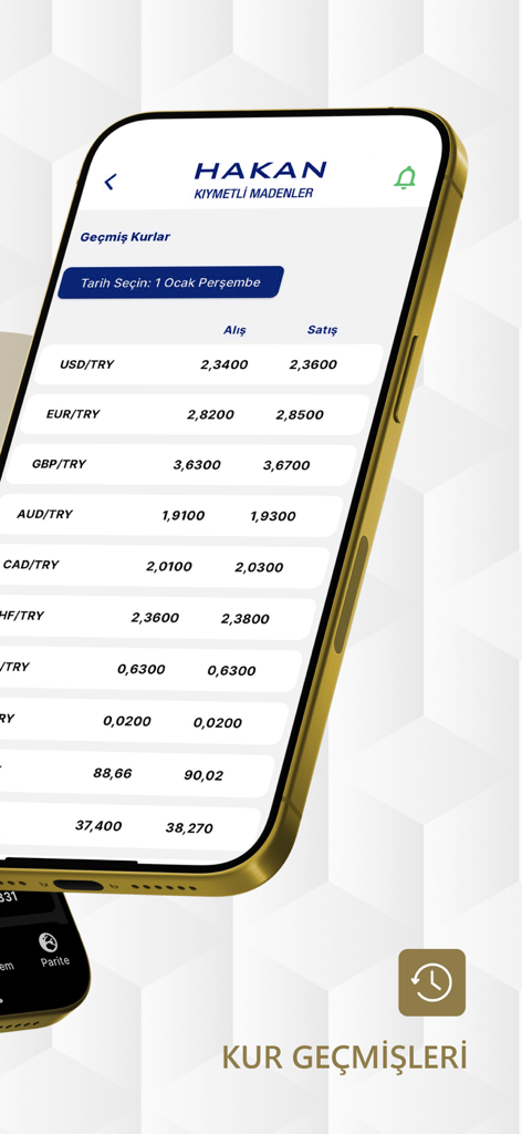 Hakan Altın - 터키 리라 대비 USD, EUR 및 GBP에 대한 과거 환율을 표시하는 모바일 앱 인터페이스