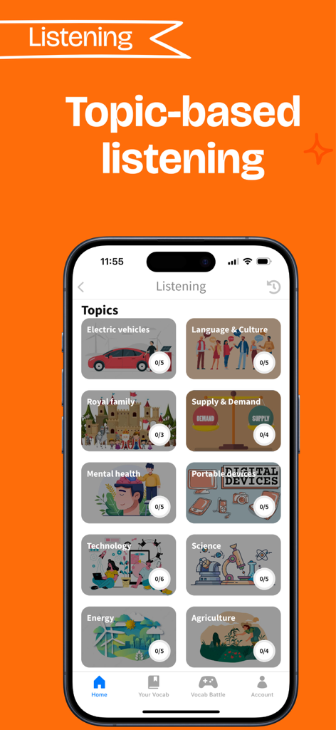 Una pantalla móvil que muestra varios temas de escucha en inglés, incluyendo ciencia, tecnología y cultura en la aplicación 4English