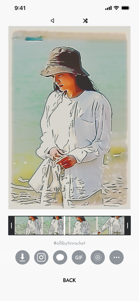 Screenshot of Olli app displaying a woman in a hat with a hand-drawn artistic filter and sharing icons