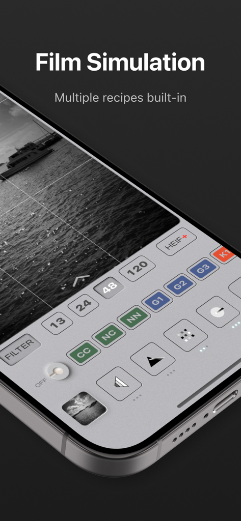 No Fusion-Powerful Pro Cam - A professional camera app interface showing film simulation presets and focal length settings on an iPhone