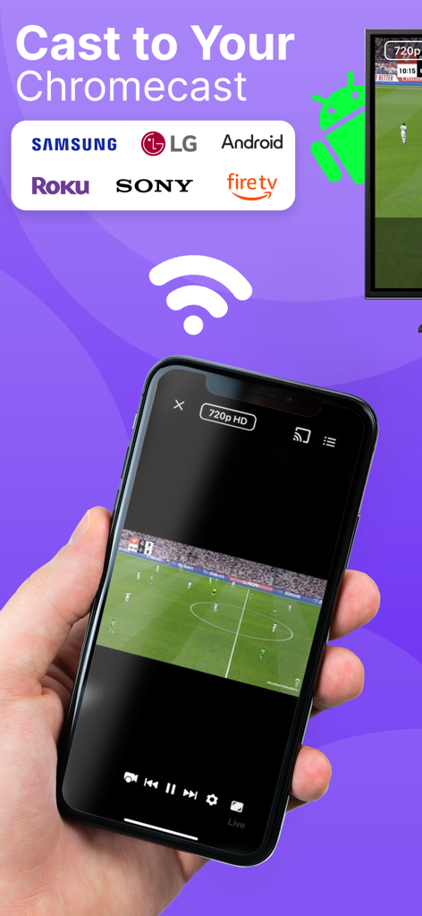Iphone showing soccer game and cast to chromecast options for smart tvs